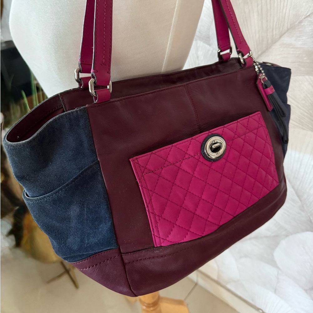 Coach Park Leather & Suede Colorblock Tote Bag – Burgundy, Pink & Navy